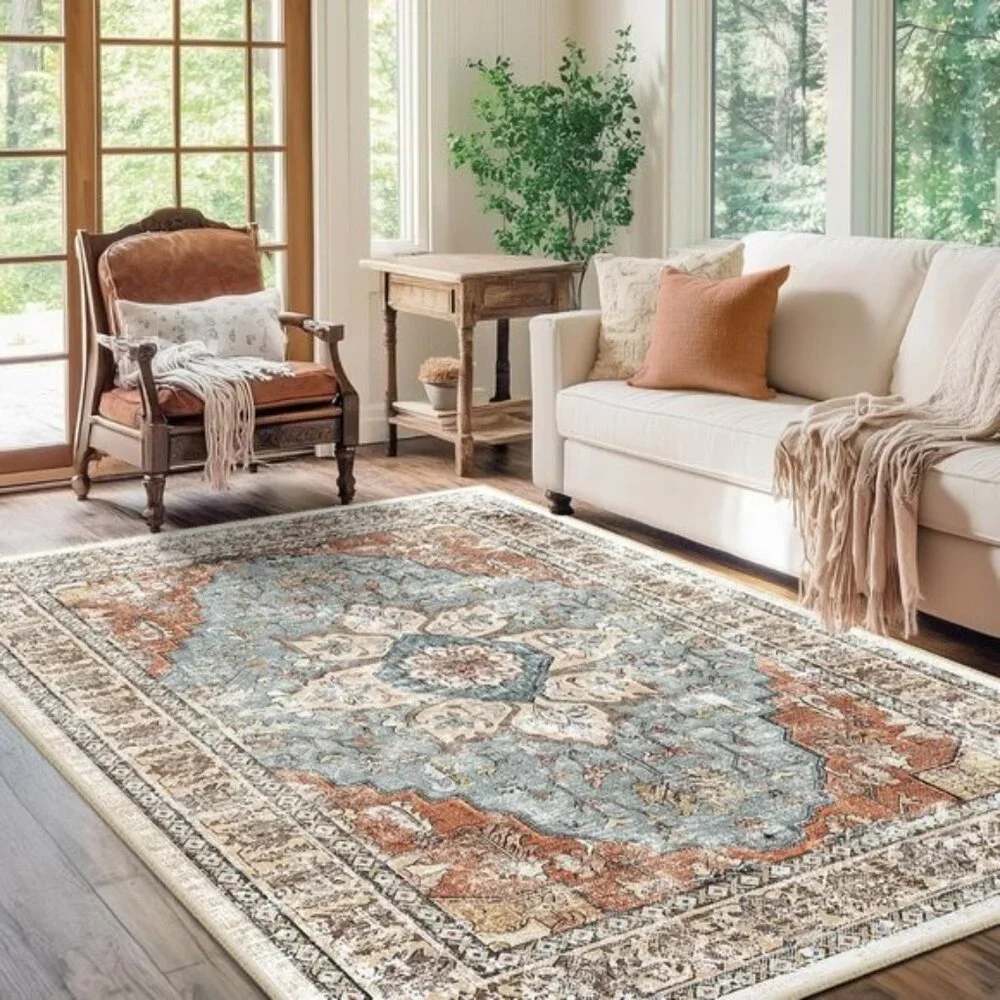 5x7 Washable Area Rug, Boho Vintage Distressed Carpet for Home - Green/Rust Red